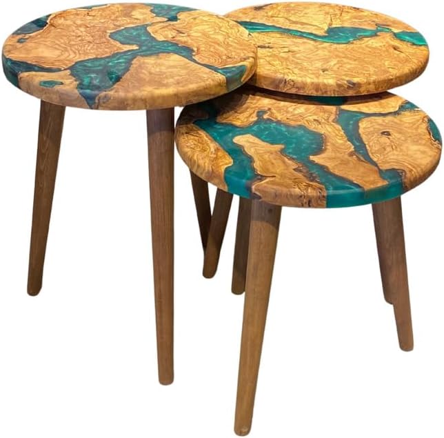 3-Piece Round Nesting Side Table Set 15.7 in Diameter | Olive Wood & Gree...