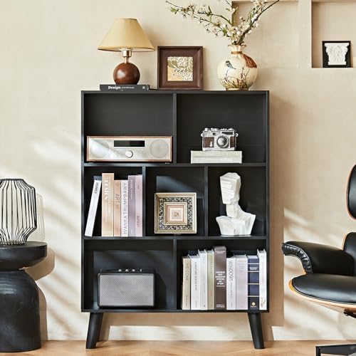 LEYAOYAO Cube Bookshelf, Mid-Century Modern Book Shelf with Legs, Black