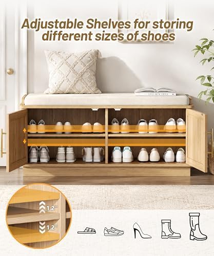Akxomel 39.4" Fluted Shoe Storage Bench 2 Doors Wooden Entryway Bench Oa...