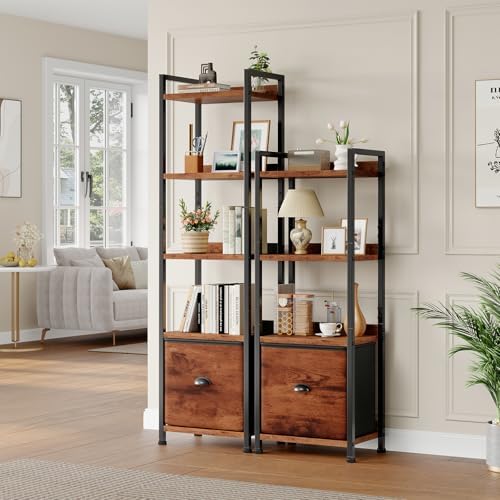DUMOS 4 Tier Bookshelf with Fabric Drawer, Display Standing Shelf, Brown