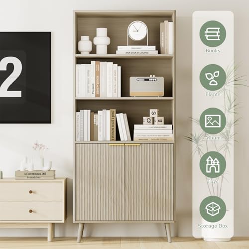 LYNSOM Beige Bookshelf, 70.9" Tall Book Shelf, 5-Tier Bookcase with Flut...