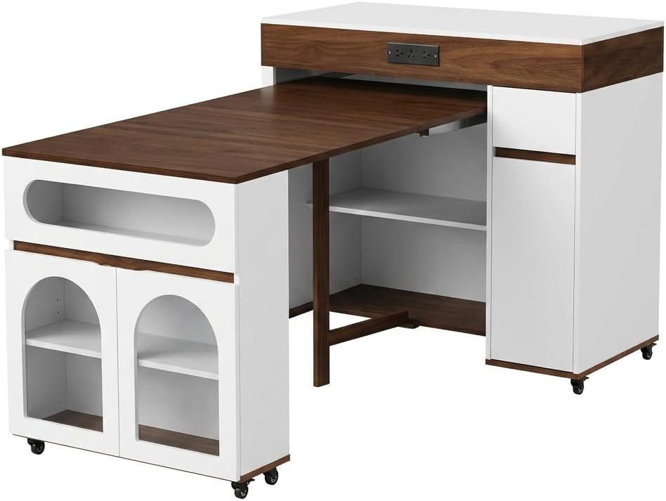 Kitchen Island with Extendable Dining Table, Rolling Storage Cabinet with She...