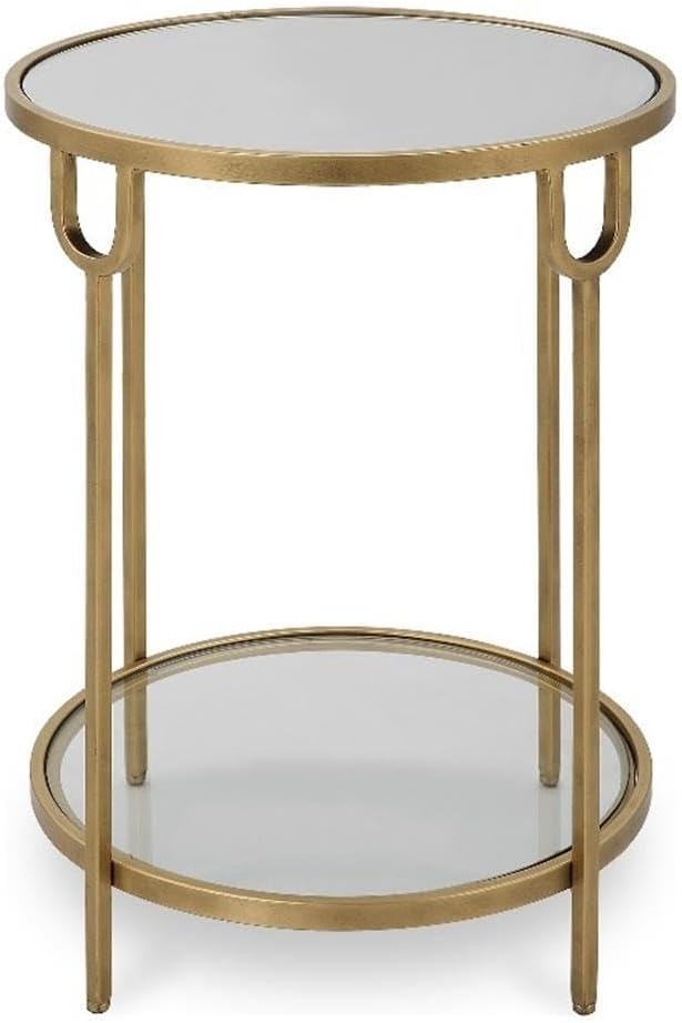 BOWERY HILL Round Two-Tier Iron Accent Table, Antique Gold Finish, Mirrored T...