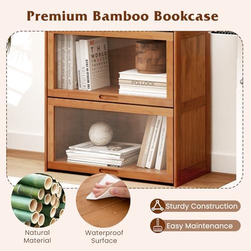 GIANTEX 4-Tier Bookcase with Clear Doors, 55" Bamboo Bookshelf with Flip...