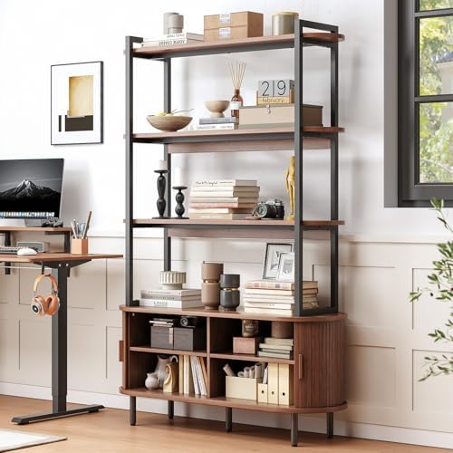 ONBRILL 71" Tall Bookshelf, 4-Tier Book Shelf with Storage Cabinet, Walnut