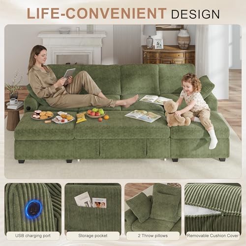 Hanherry 104" Sectional Sofa with Pull Out Couch Bed,Corduroy 4 Seater S...