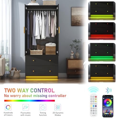 chartustriable 2 Doors Armoire Wardrobe Closet with Mirror, LED Closet with D...