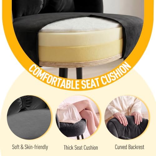 Homkdom Velvet Vanity Chair with Bow Pillow, No Wheels, Black