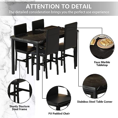 Hooseng Dining Table Set for 4, Modern Kitchen Table Chairs Set of 4, Black