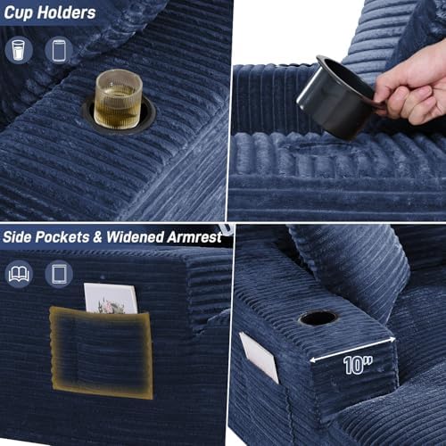 50" x 68" Corduroy Chaise Lounge, Cup Holders, Blue | Oversized cor...