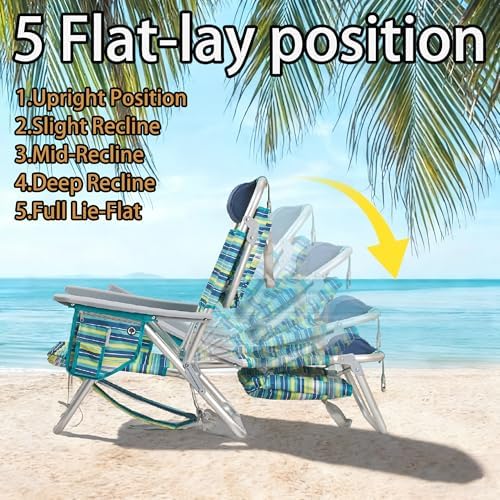 Aluminum Backpack Low Profile Beach Chair - 5-Position Lay Flat Reclining Fol...