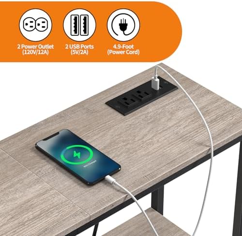 Snughome 3 Tier Narrow 29.5" Console Table with Power Outlets (Grey) | T...