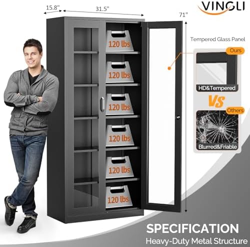 VINGLI Lockable Display Cabinet with Glass Doors & 5 Adjustable Shelves, ...