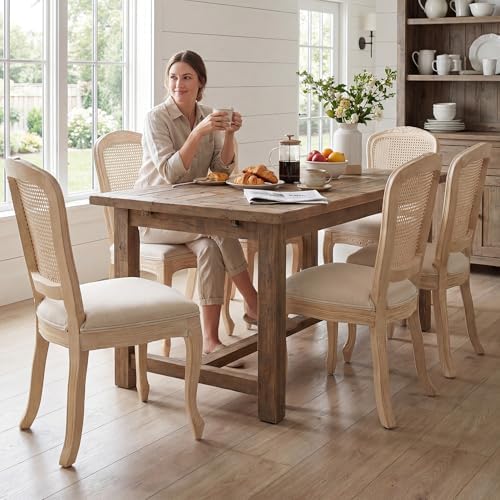 Wicker Dining Chairs Set of 4, Upholstered Linen Fabric Dining Room Chairs wi...
