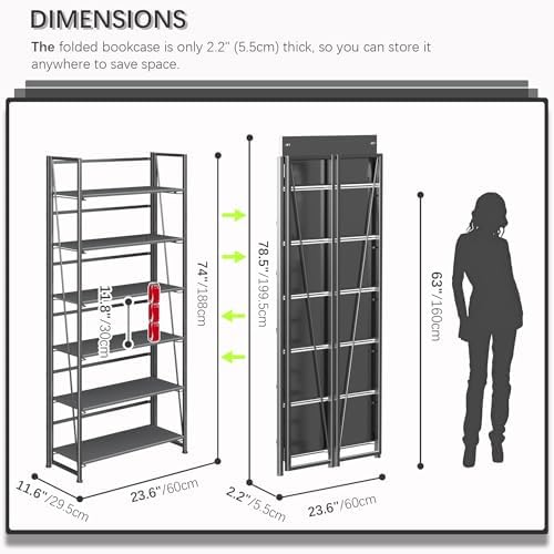 4NM No Assembly Folding Bookshelf Book Shelves, 6-Tier 74"" H Colla...