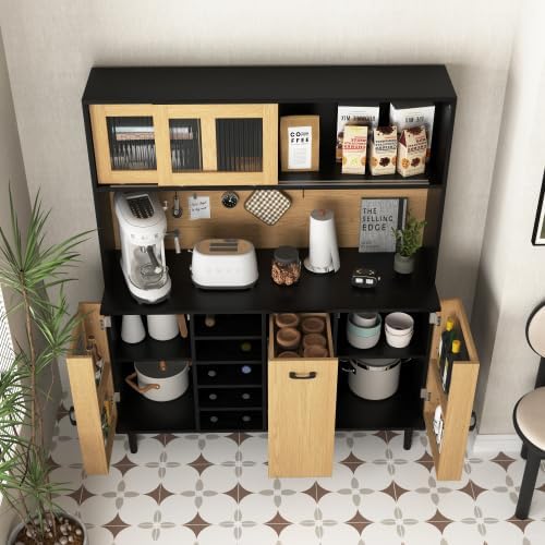 59in H Pantry Cabinet with Charging Station, Buffet Sideboard for Coffee Make...