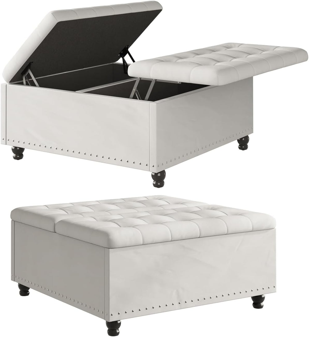FUXA 35" Large Square Ottoman with Storage and Lift Top, Wood Legs, Beig...