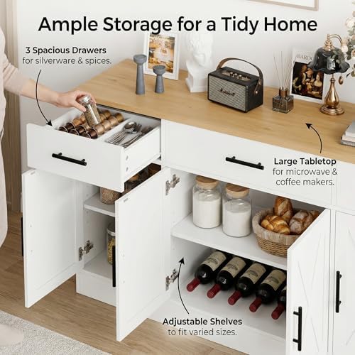 SUNLEI Coffee Bar Cabinet with Storage, Farmhouse Buffet Cabinet with 4 Doors...