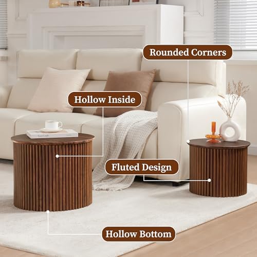 AVZEAR Round Nesting Coffee Table Set of 2, Small Fluted Coffee Table Circle ...