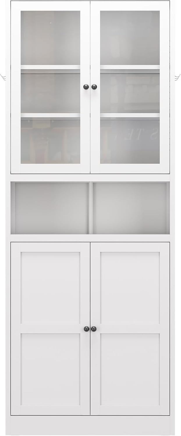 72" Tall Metal Kitchen Pantry Cabinet with Glass Doors & Adjustable ...