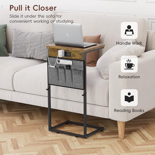 Vagusicc C-Shaped End Table with Charging Station, Small Side Table for Couch...