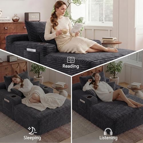 65" Oversized Chaise Lounge Chair Indoor, Chaise Lounge Chair with Cup H...
