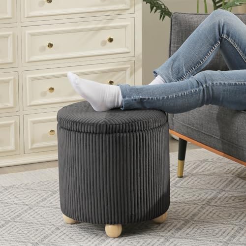 Adeco Velvet Storage Ottoman, Round Upholstered Vanity Stool for Makeup, 15.4...