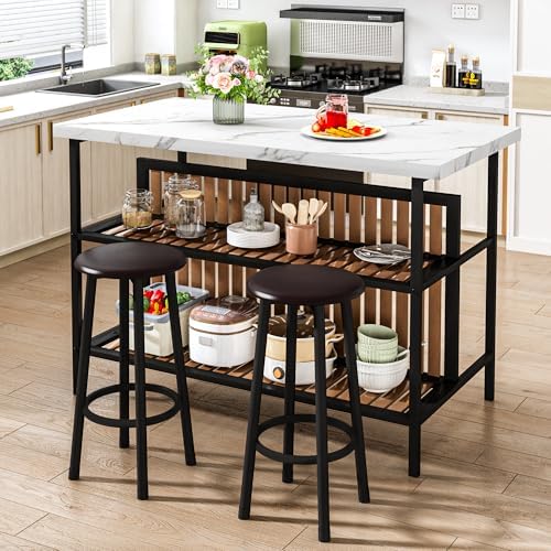 DKLGG Kitchen Island with Stools & Storage, Modern Dining Table Set for 2...