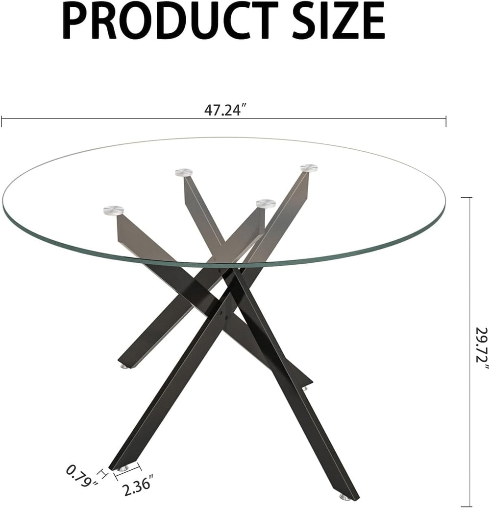 47" Round Glass Dining Table for 4-6, Circle Kitchen Table with Tempered...