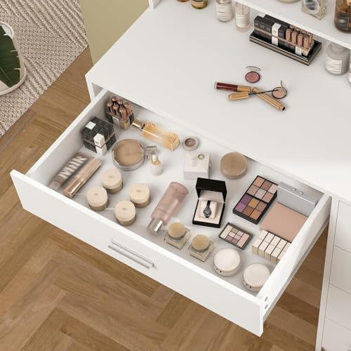 Quimoo Vanity Desk with Mirror & Lights, Makeup Vanity with 5 Drawers &am...