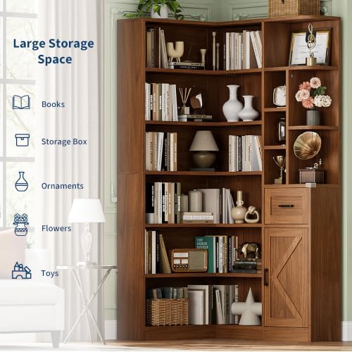 Garvee 74'' Tall Corner Bookshelf- 6-Tier Book Shelf with Drawer &...