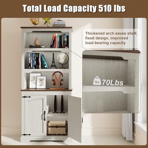 70” White Bookcase Bookshelf, 5-Tier Farmhouse Bookcases with Doors