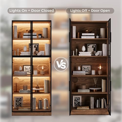 Mekminop Glass Display Cabinet with Lights and Shelves, Modern Display Case C...