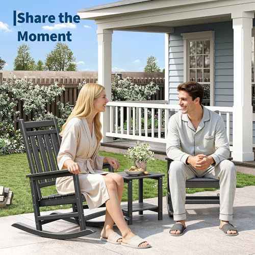 HDPE Rocking Chair Outdoor Set of 2 with Side Table, High Back Rocker | All W...