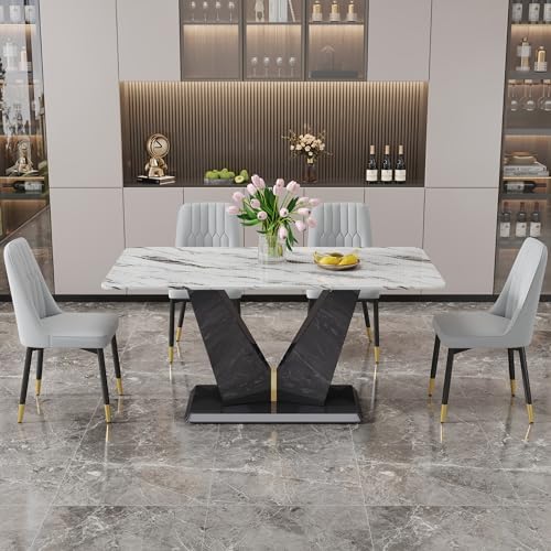 Modern Dining Table Set for 4 White Marble Dining Table with MDF Base 4 Uphol...