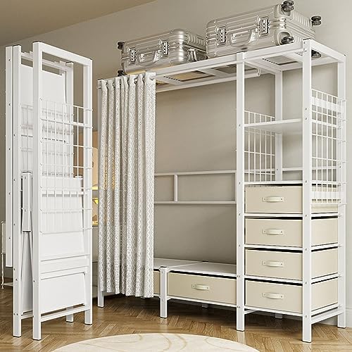 Heavy-Duty Clothes Rack Wardrobe with Curtain Large Walk-in Closet for Bedroo...