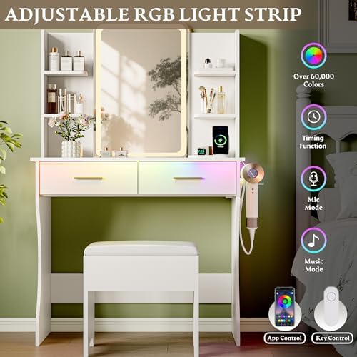 Makeup White Vanity Desk with Lights and Mirror, Small Vanity for Bedroom | V...