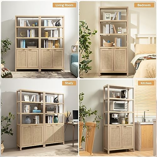 SICOTAS 71" Tall Rattan Bookshelf with Doors for Living Room Library