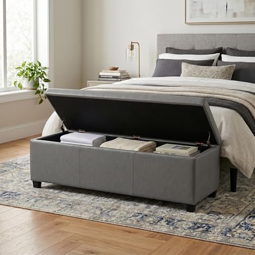 SIMPLIHOME Avalon 48" Wide Vegan Leather Storage Ottoman in Stone Grey |...