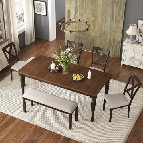 AMERLIFE 6 Piece Farmhouse Dining Set with 71" Solid Wood Table, Brown
