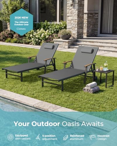 Ciokea Outdoor Lounge Chair with Pillow Set of 2, 5-Position Aluminum Chaise ...