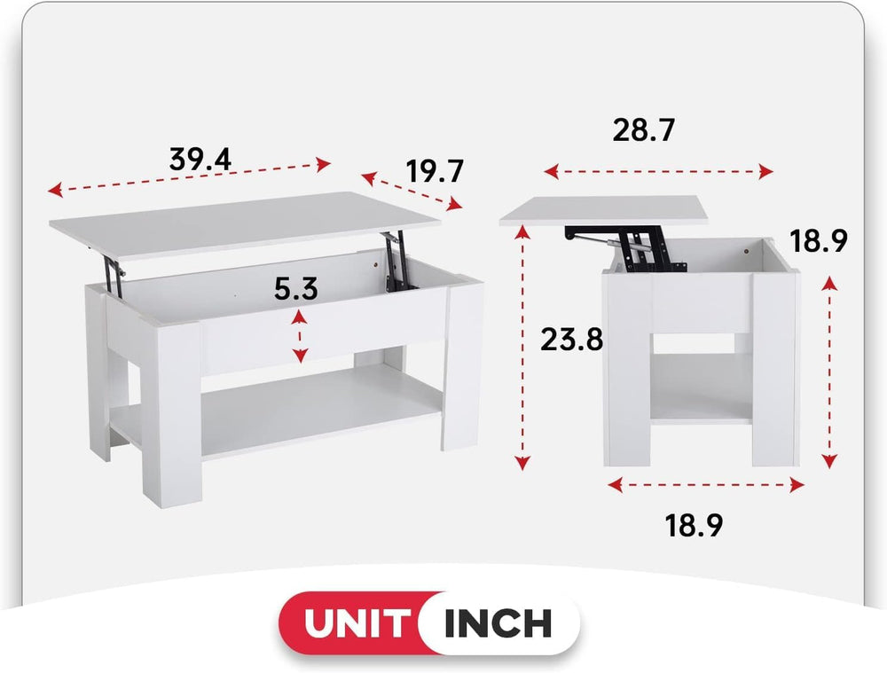 FDW | 39" Lift Top Coffee Table | White | with Hidden Storage