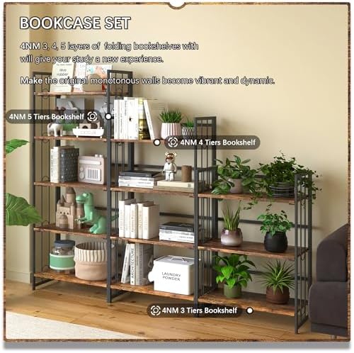 4NM No Assembly 5 Tiers Folding Bookshelf, 59.4" H Foldable Storage Shel...