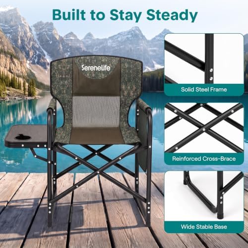SereneLife Portable Director Chair, Folding Camping Chair with Side Table, Cu...