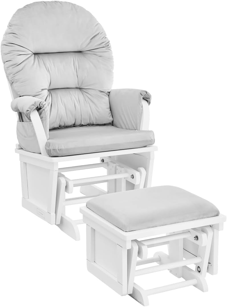 Madison Glider and Ottoman: White Wood and Gray Fabric for Comfort and Style