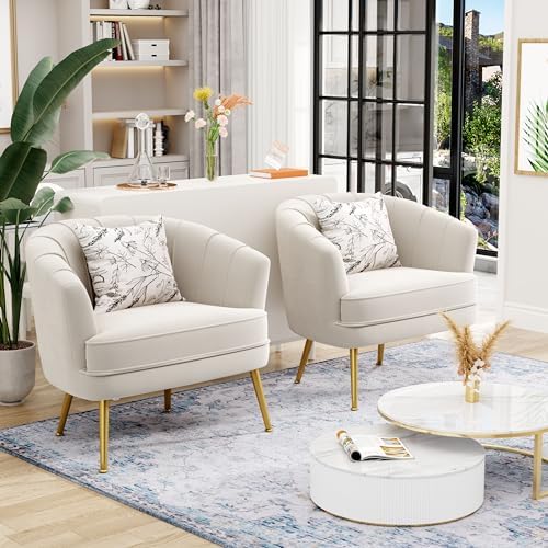 Andeworld Velvet Accent Chair, Barrel Armchair, Beige