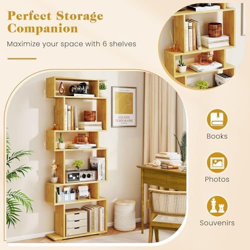 GIANTEX 6-Tier Geometric Bookshelf, S-Shaped Bookcase with 2 Anti-Tipping Kit...