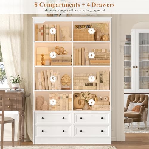 FINETONES 71" Tall Bookshelf with 4 Drawers White Bookshelf Office Bookcase