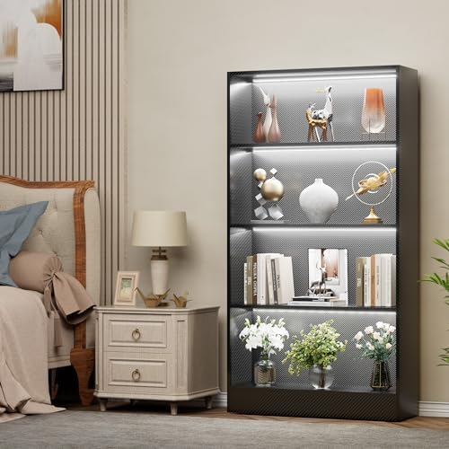 CODACE Tall Wooden 4-Tier Black Bookshelf - Display Cabinet with LED Lights