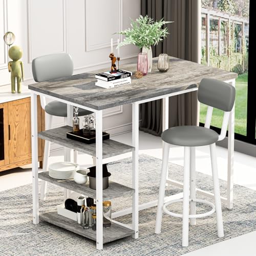 Recaceik Pub Dining Table Set for 2, Table and Bar Stools with 3 Storage Shel...